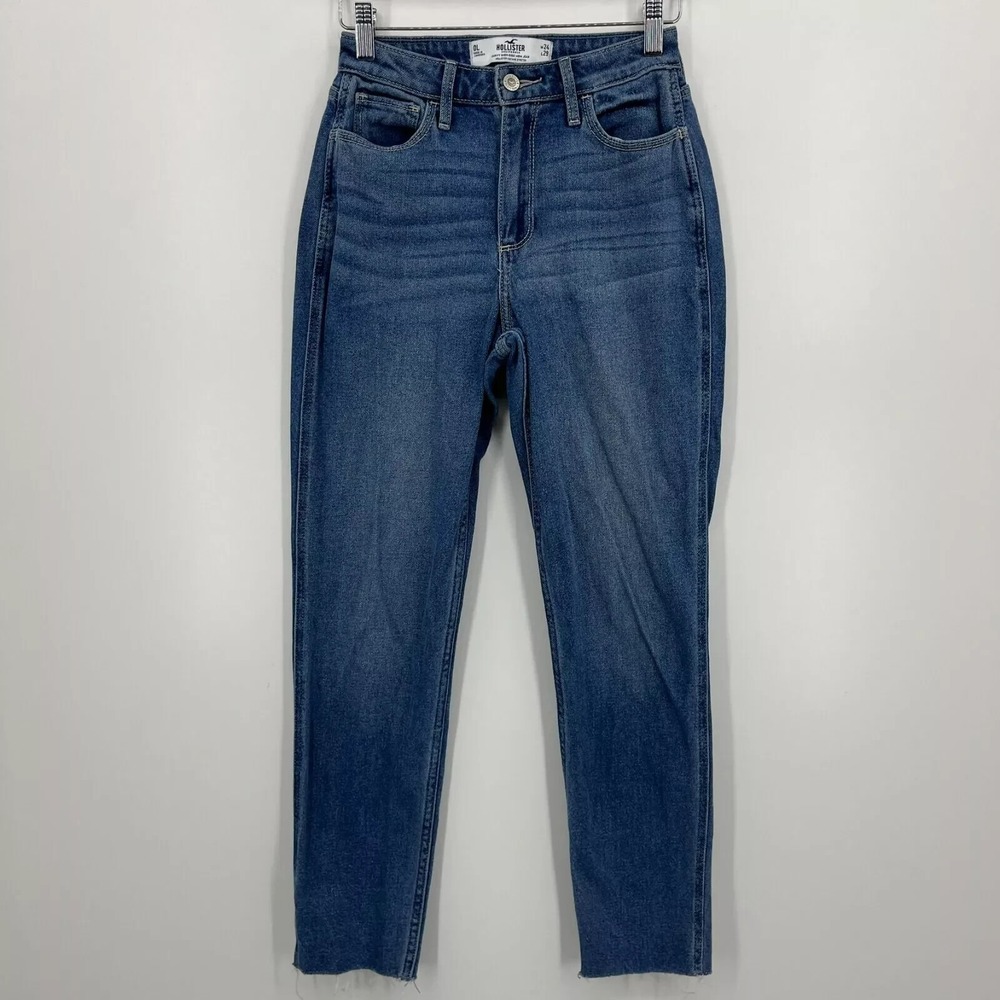 Hollister Curvy High-Rise Mom Jeans Blue Raw Hem W24 L29 Vintage Stretch Denim